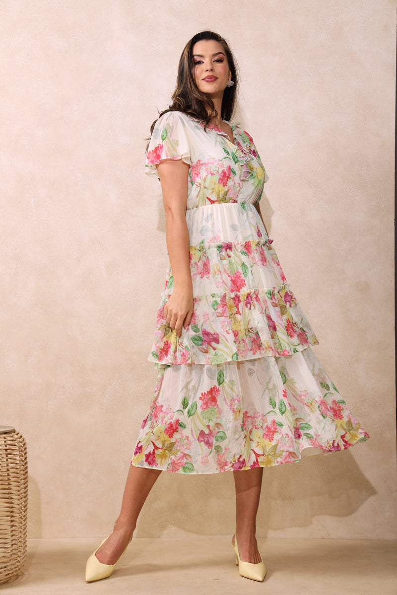 V-Neck Ruffle Tiered Maxi Dress - Multi