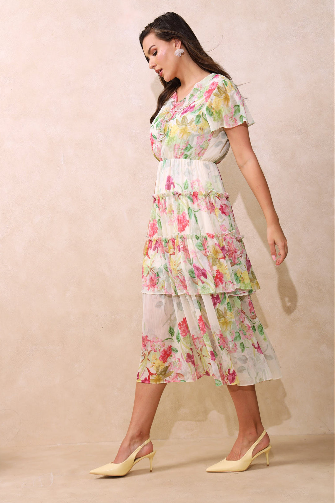 V-Neck Ruffle Tiered Maxi Dress - Multi