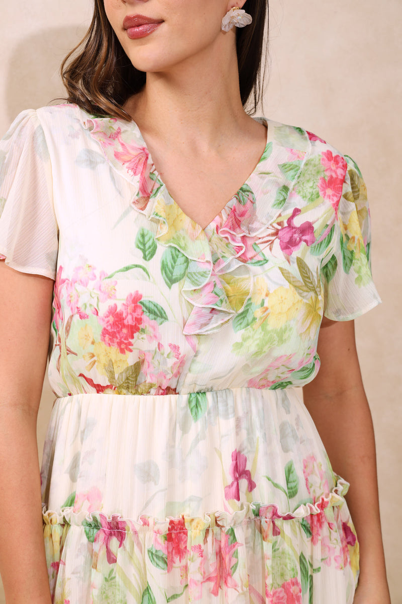 V-Neck Ruffle Tiered Maxi Dress - Multi