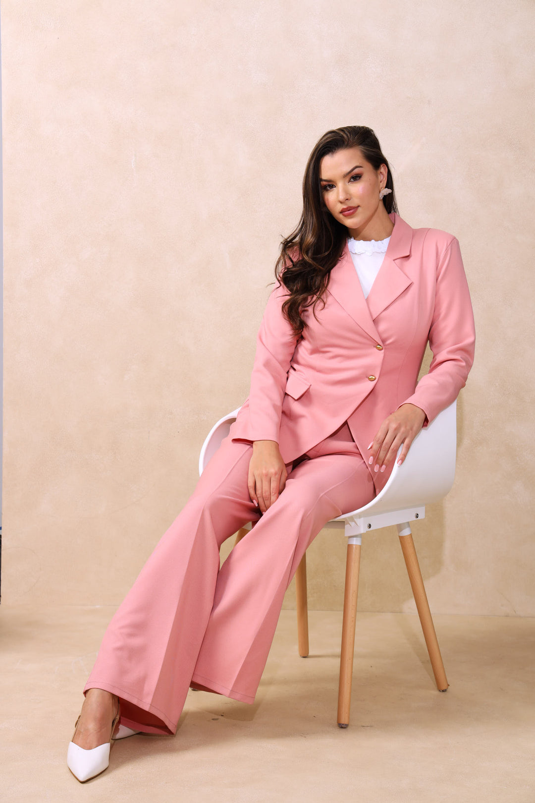 Double Button Notch Hem Twill Blazer - Blush