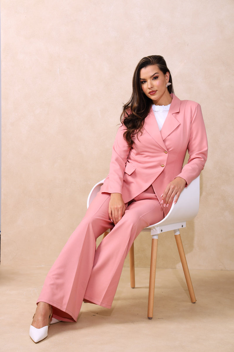 Double Button Notch Hem Twill Blazer - Blush