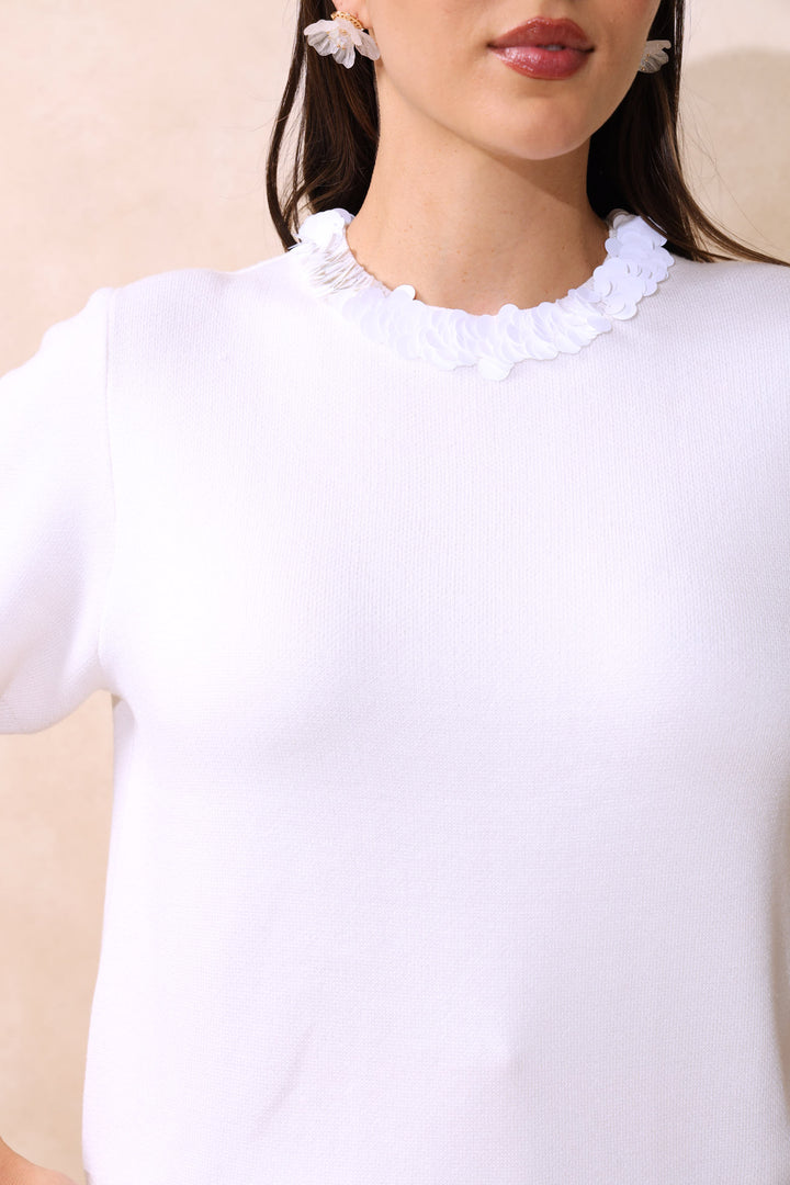 Embellished Neckline Detail Pullover - Off White