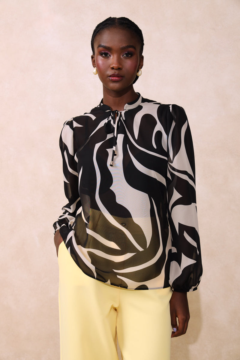 Tie Up Monocrome Blouse - Black/Cream
