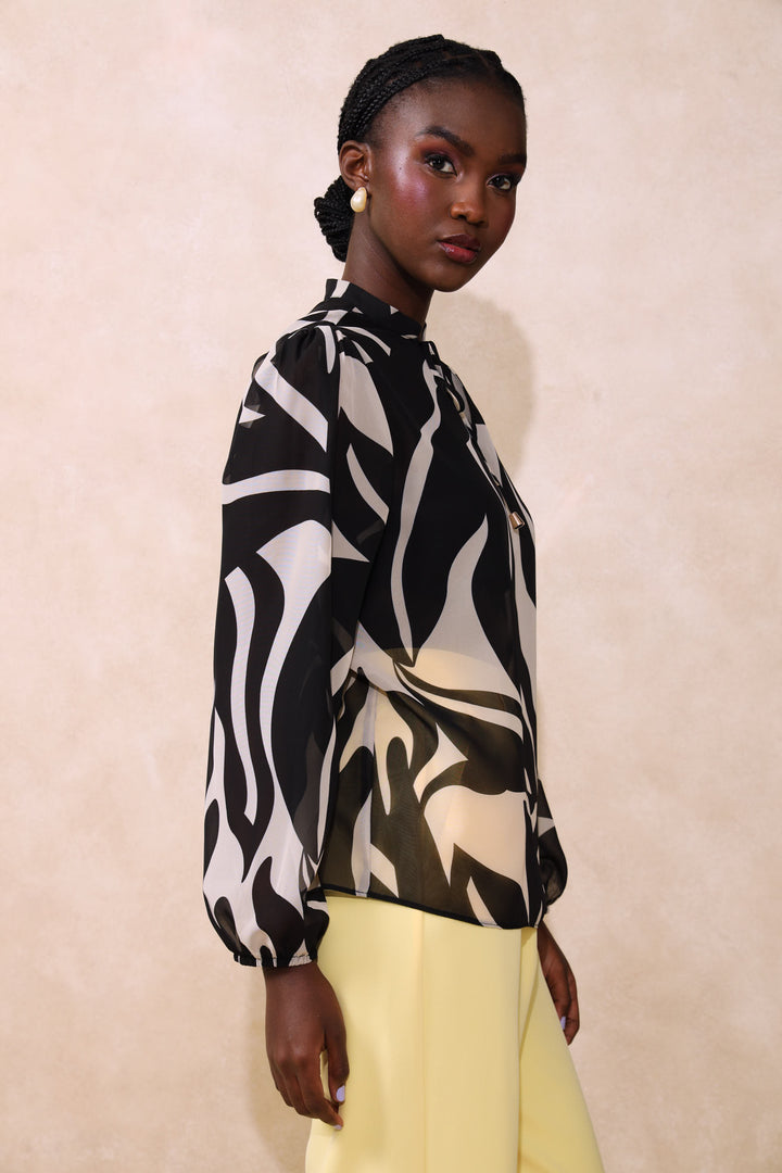 Tie Up Monocrome Blouse - Black/Cream