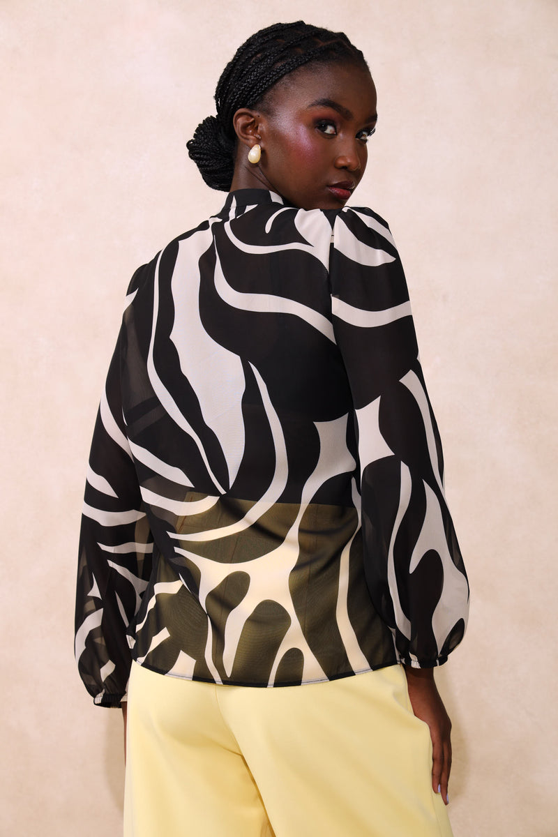 Tie Up Monocrome Blouse - Black/Cream