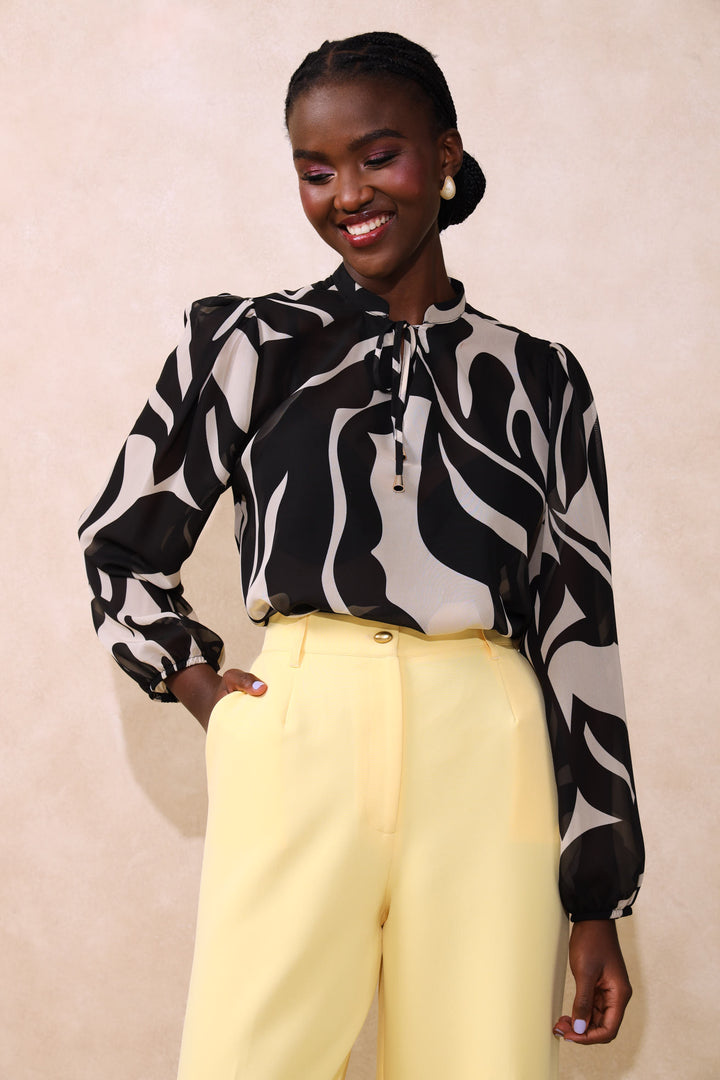 Tie Up Monocrome Blouse - Black/Cream