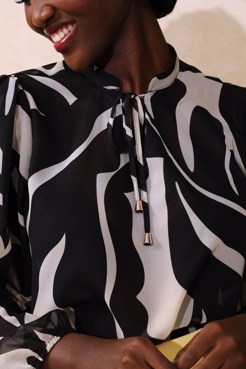Tie Up Monocrome Blouse - Black/Cream