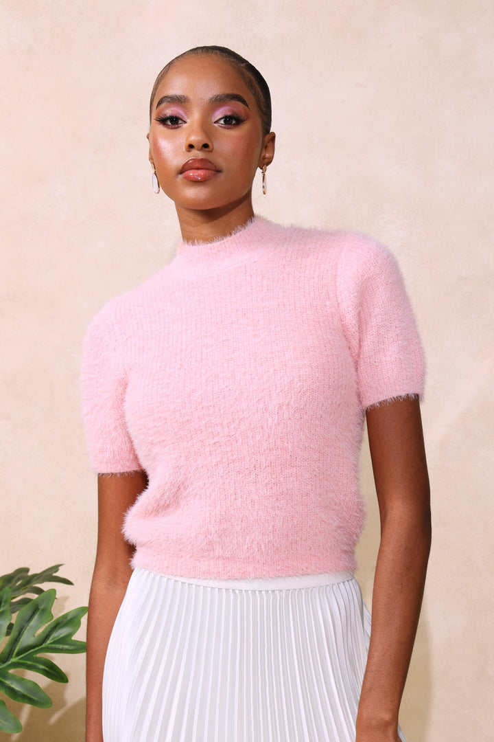 Short Sleeve Fluffy Pullover - Pink