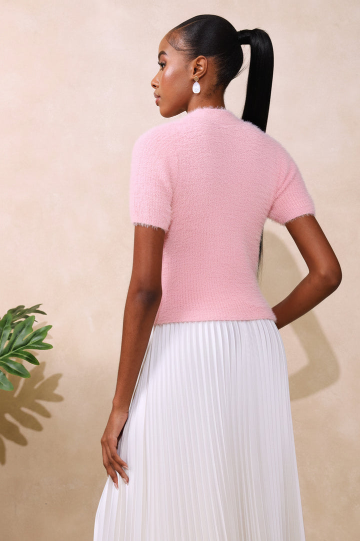 Short Sleeve Fluffy Pullover - Pink