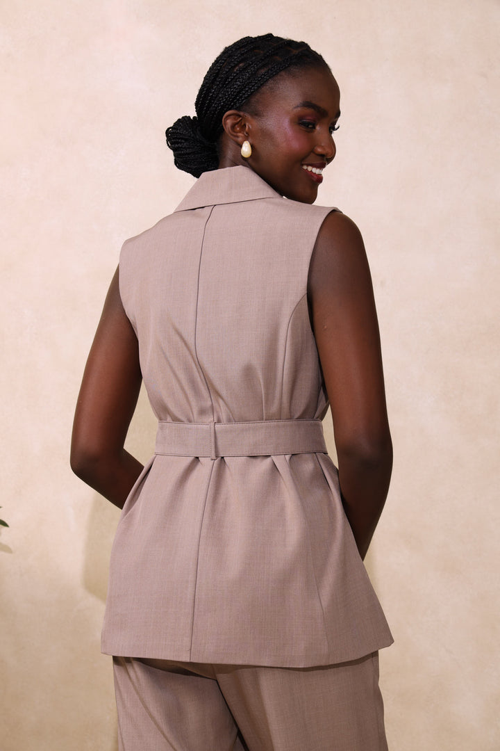 Belted Sleeveless Blazer - Oatmeal