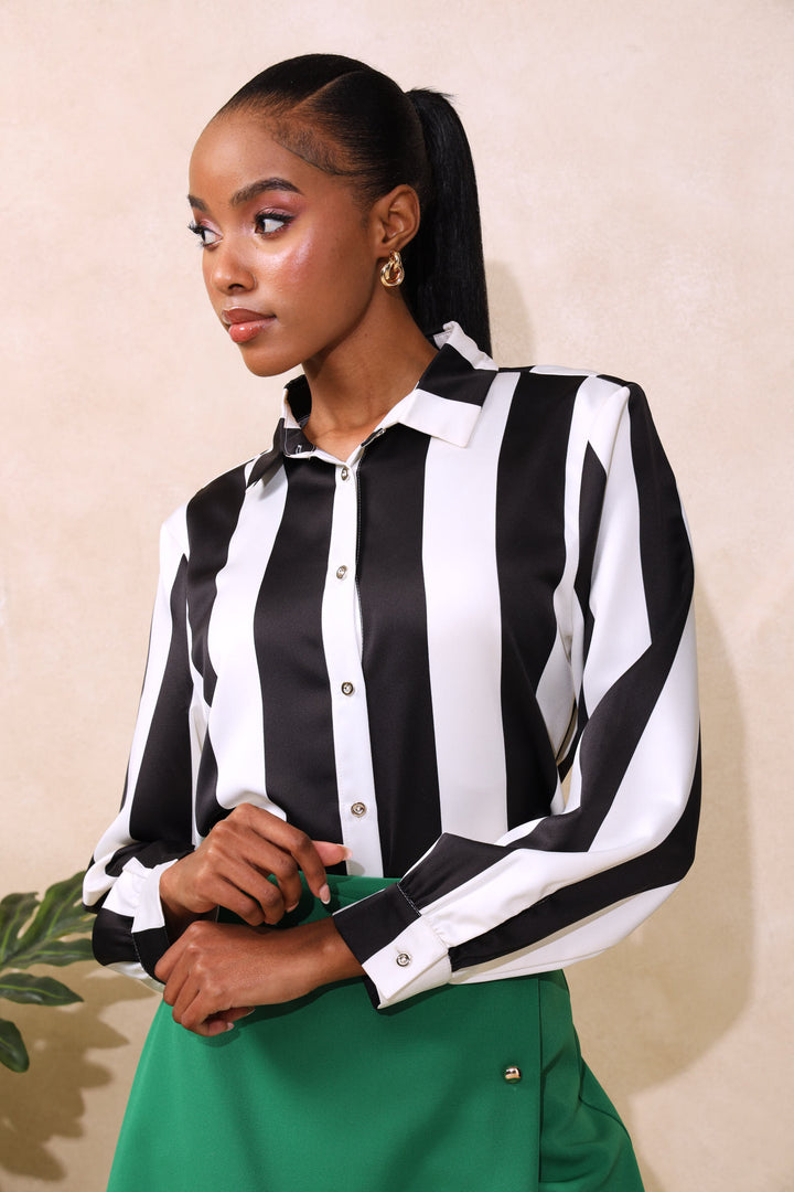 Wide Stripe Satin Shirt - Black/Cream