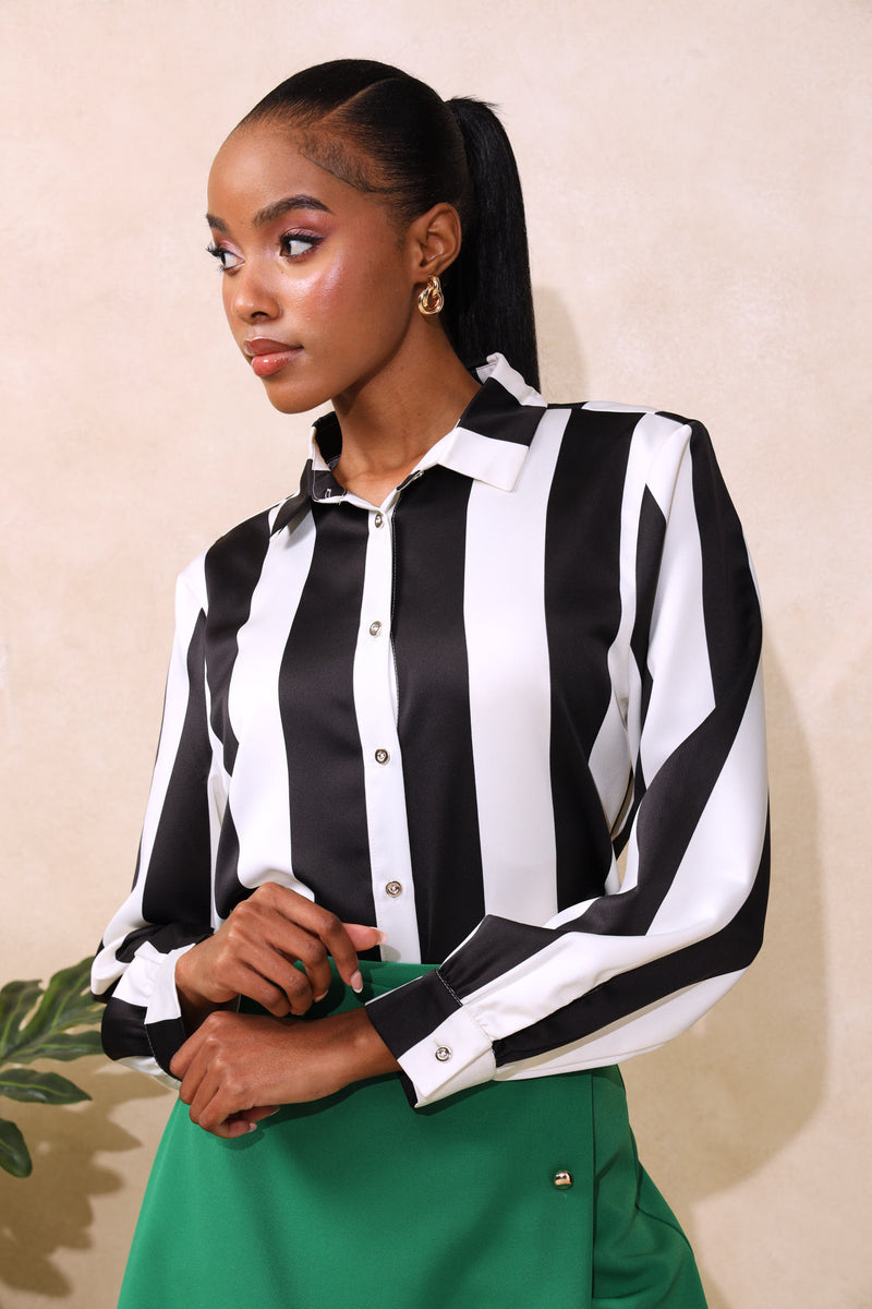 Wide Stripe Satin Shirt - Black/Cream