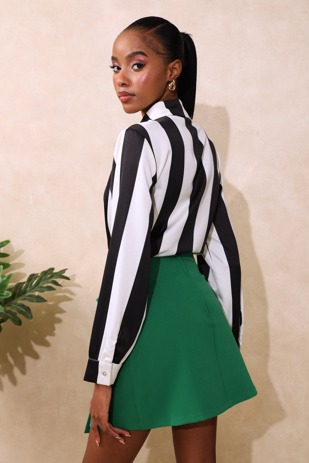 Wide Stripe Satin Shirt - Black/Cream
