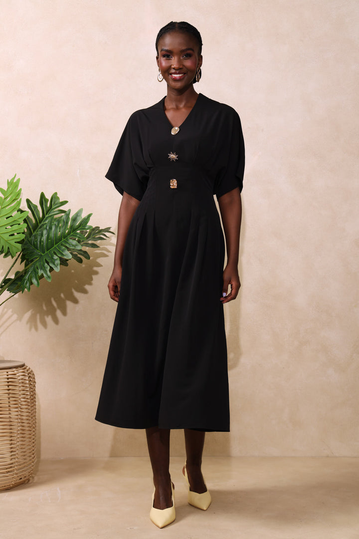 Darted Waisted Button Shirt Maxi Dress - Black