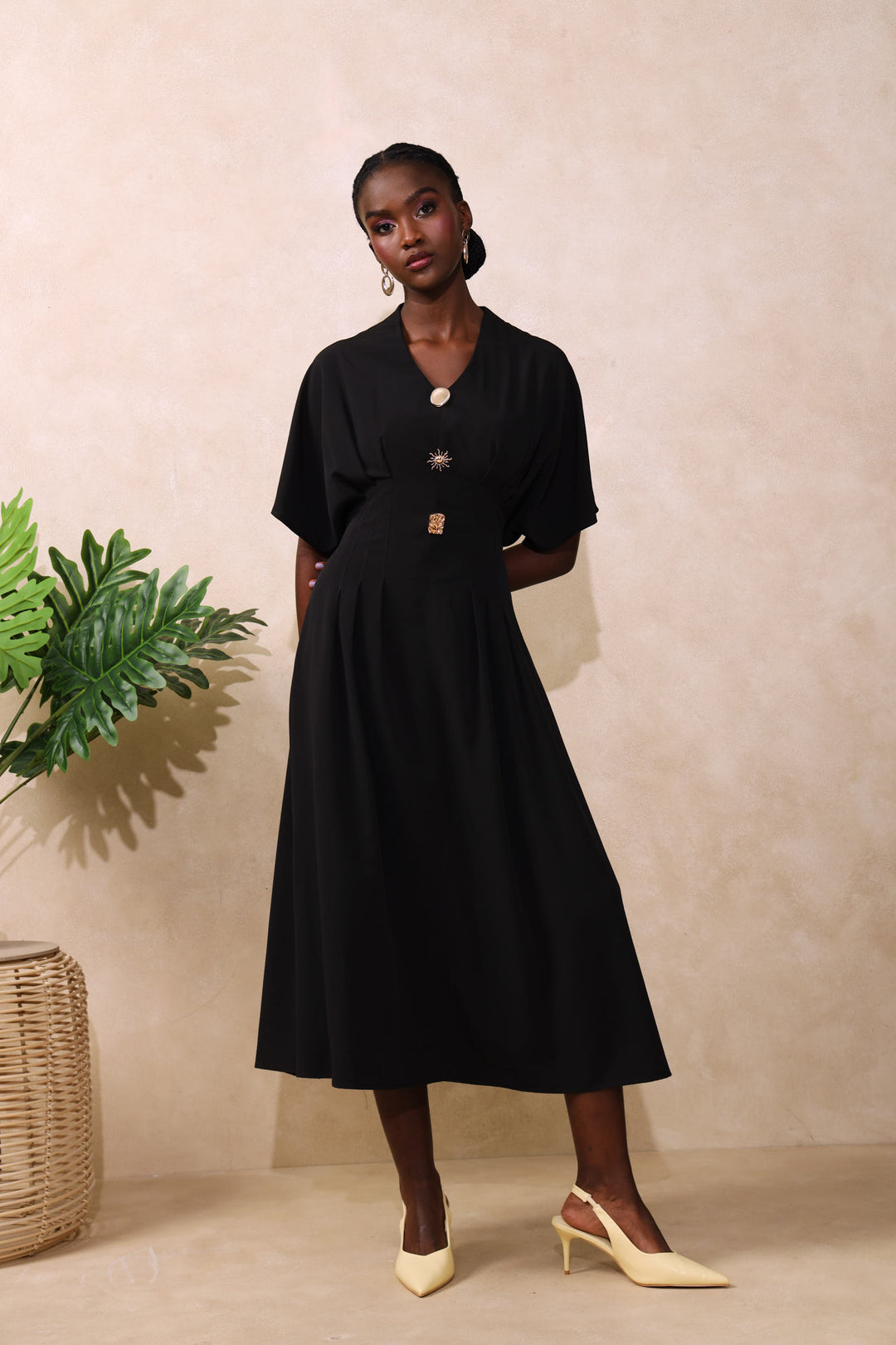 Darted Waisted Button Shirt Maxi Dress - Black