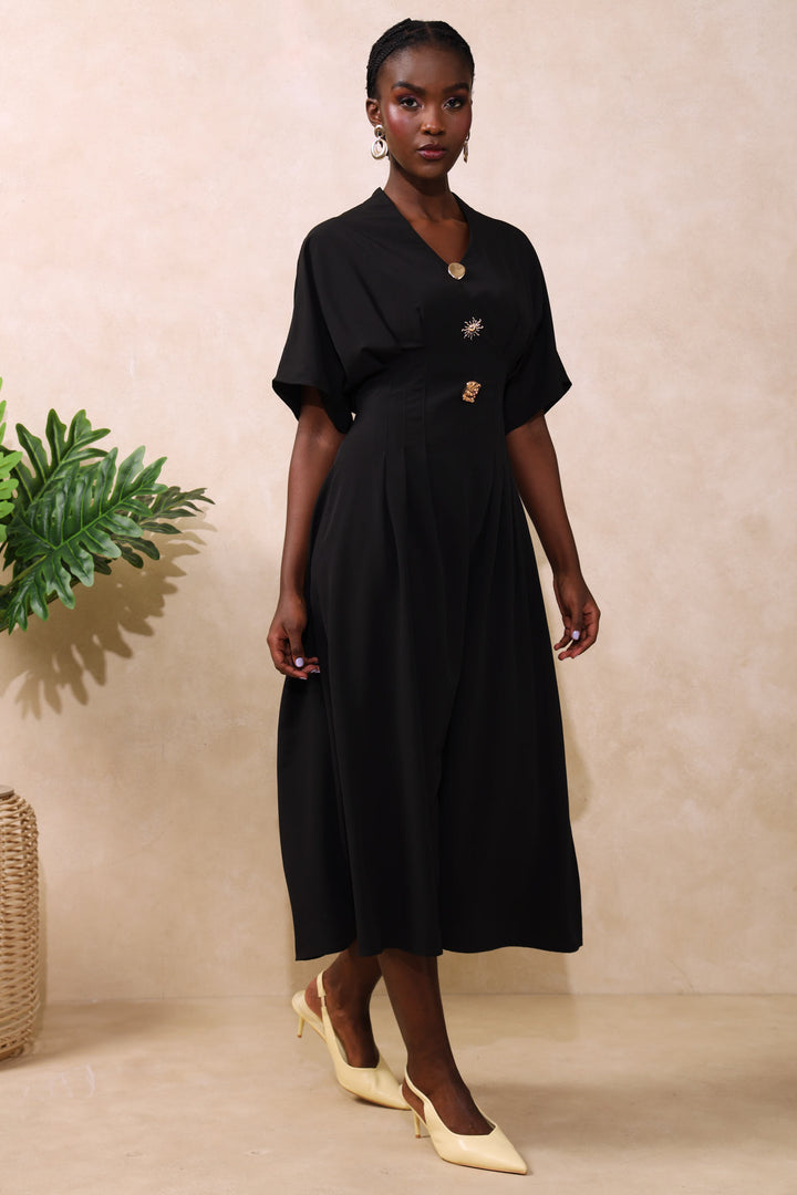 Darted Waisted Button Shirt Maxi Dress - Black