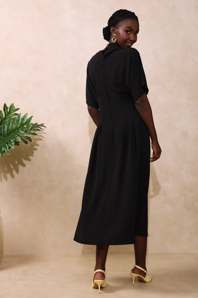 Darted Waisted Button Shirt Maxi Dress - Black