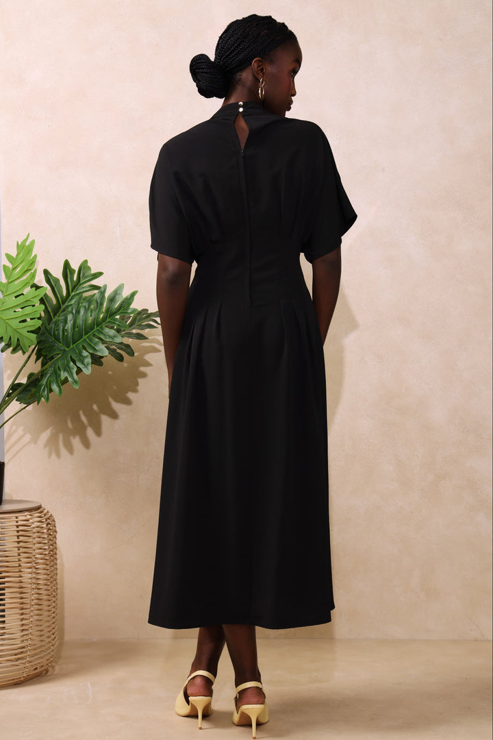 Darted Waisted Button Shirt Maxi Dress - Black