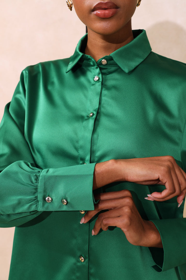 Fancy Button Satin Shirt - Green