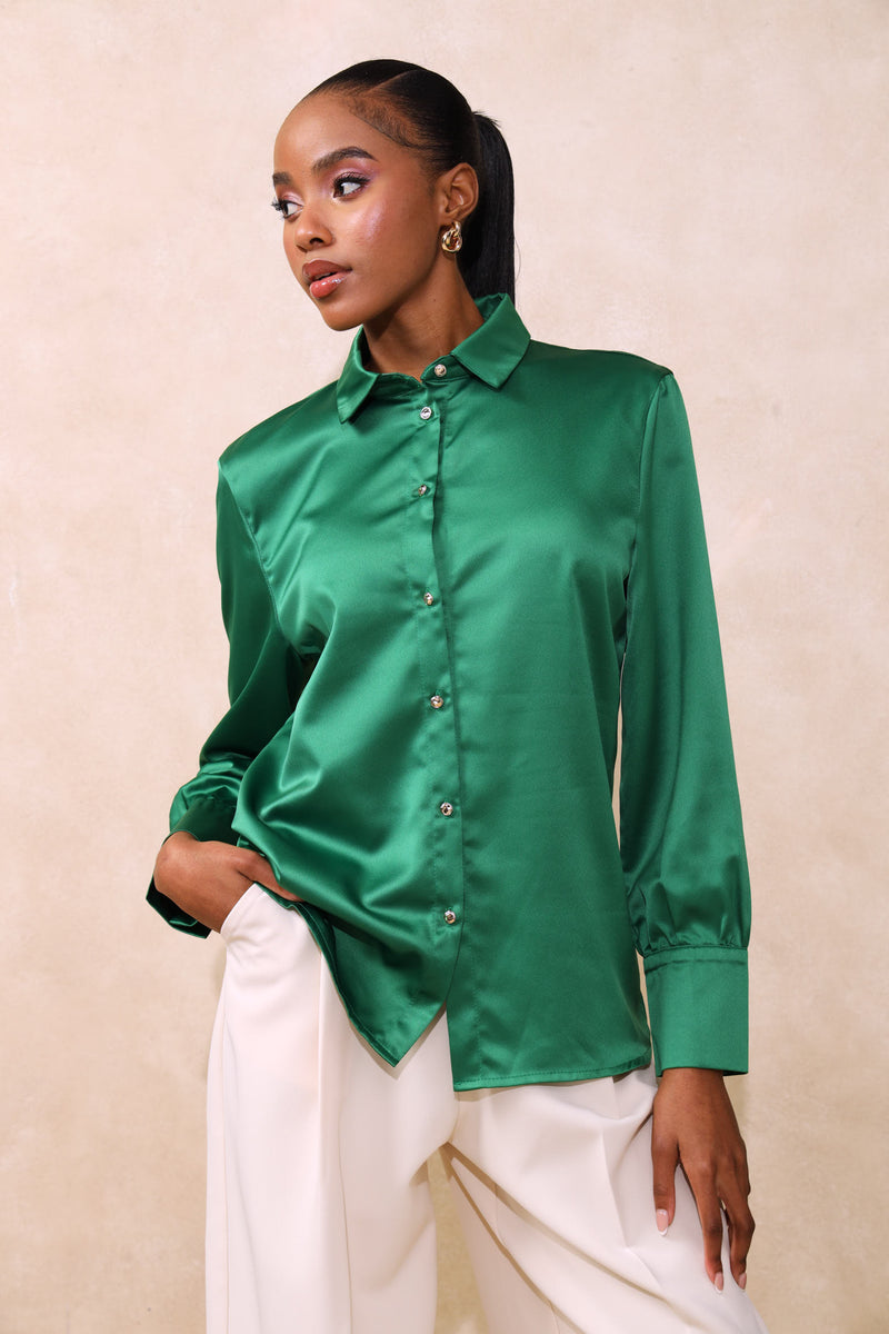 Fancy Button Satin Shirt - Green