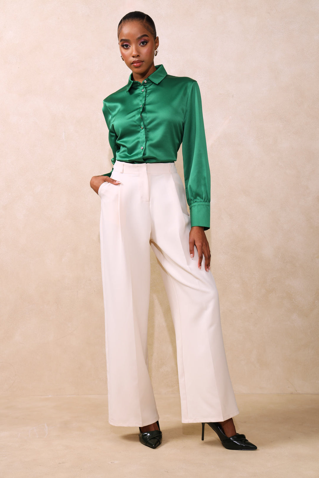Fancy Button Satin Shirt - Green