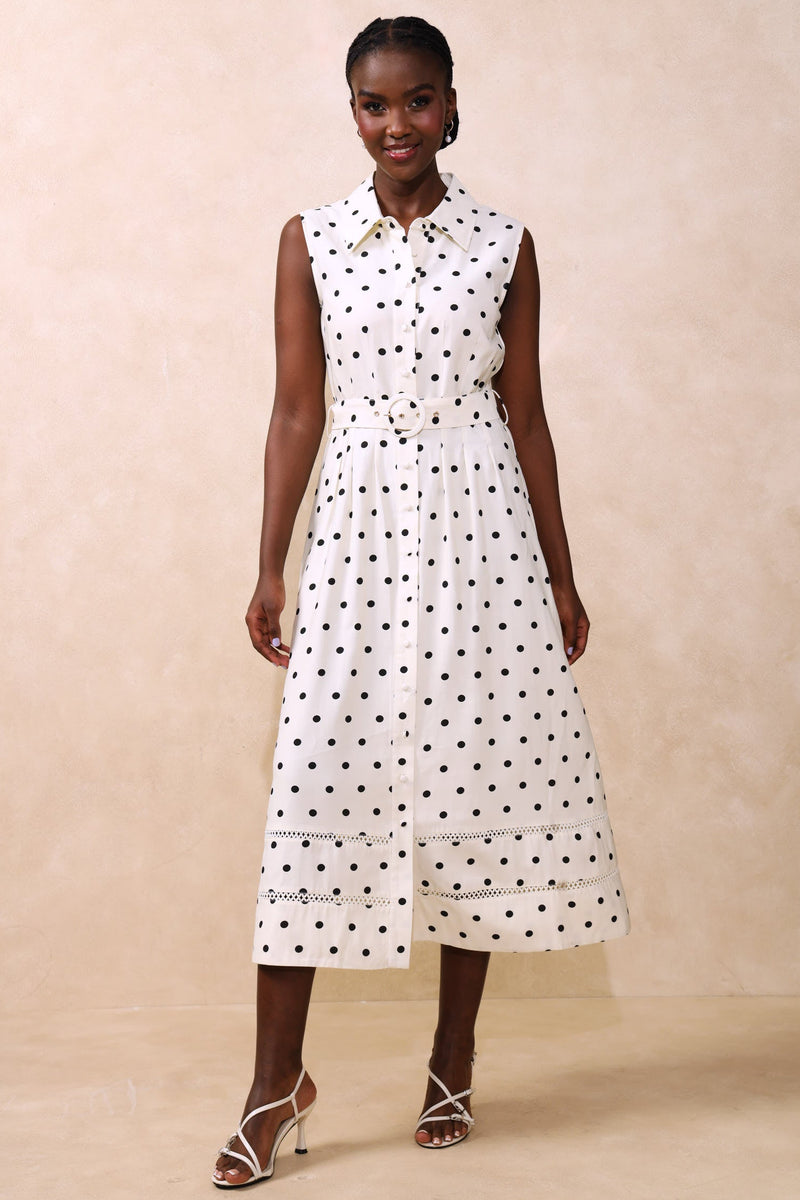 Polka Dot Belted Maxi Dress - Cream/Black