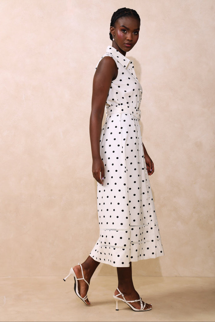 Polka Dot Belted Maxi Dress - Cream/Black