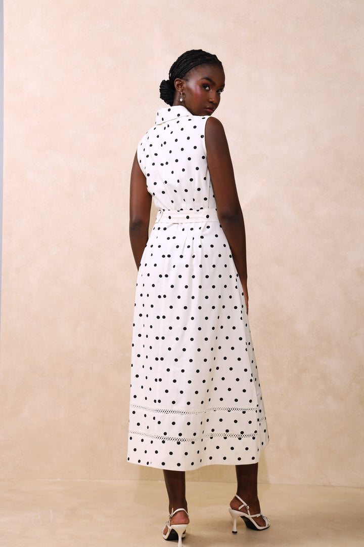 Polka Dot Belted Maxi Dress - Cream/Black