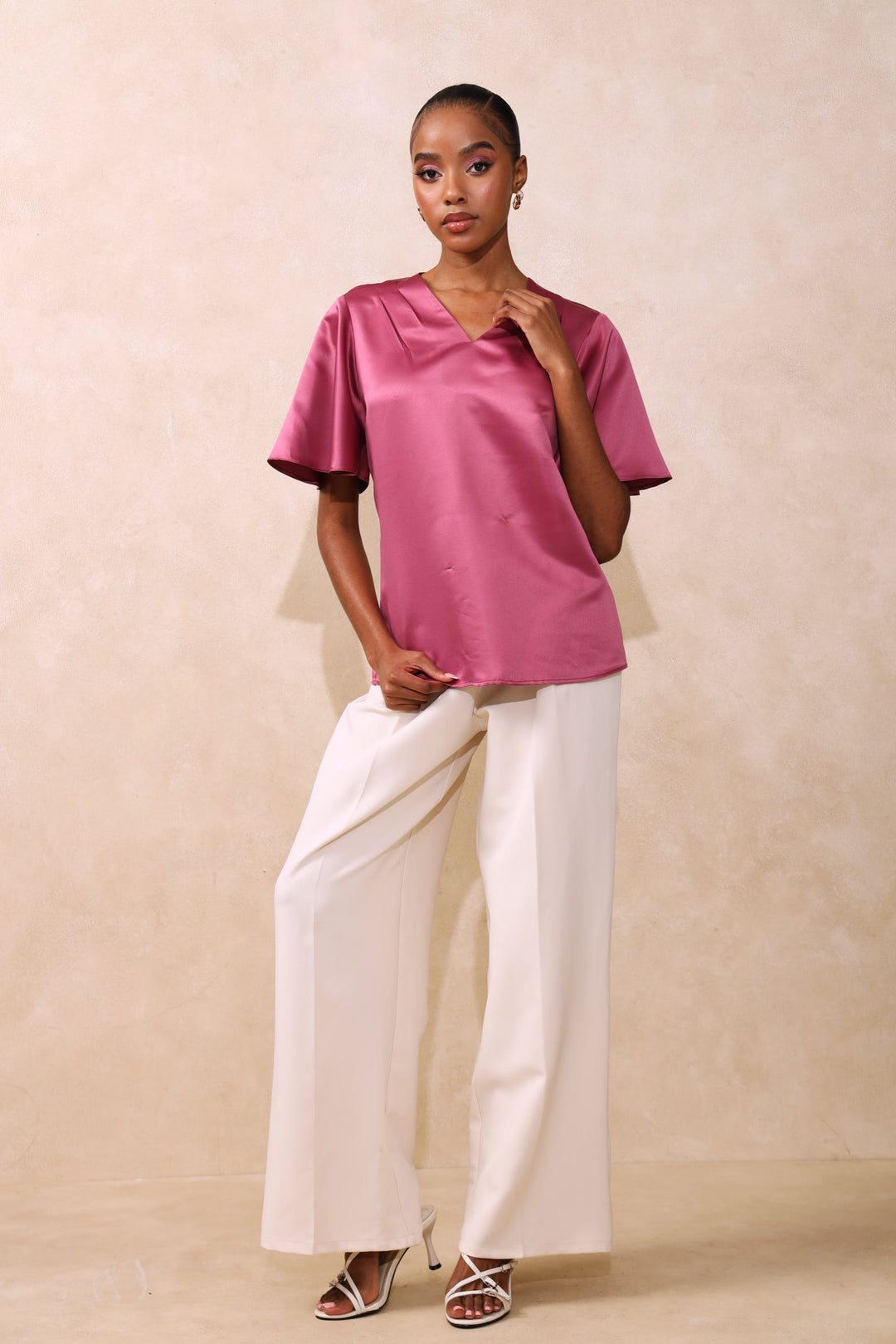 V-Neck Satin Blouse - Pink