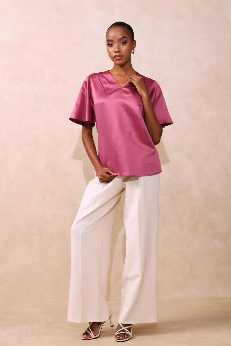 V-Neck Satin Blouse - Pink