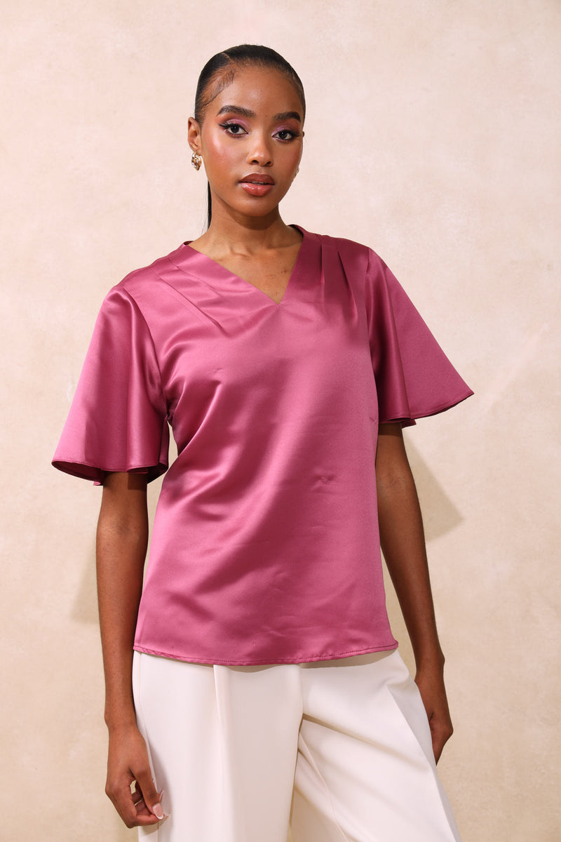 V-Neck Satin Blouse - Pink