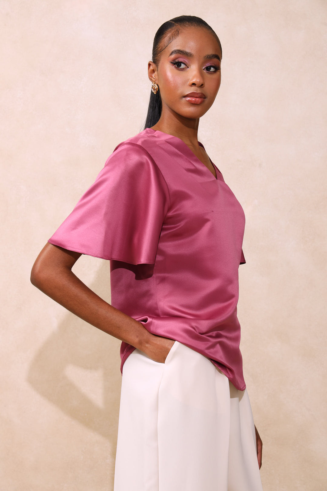 V-Neck Satin Blouse - Pink