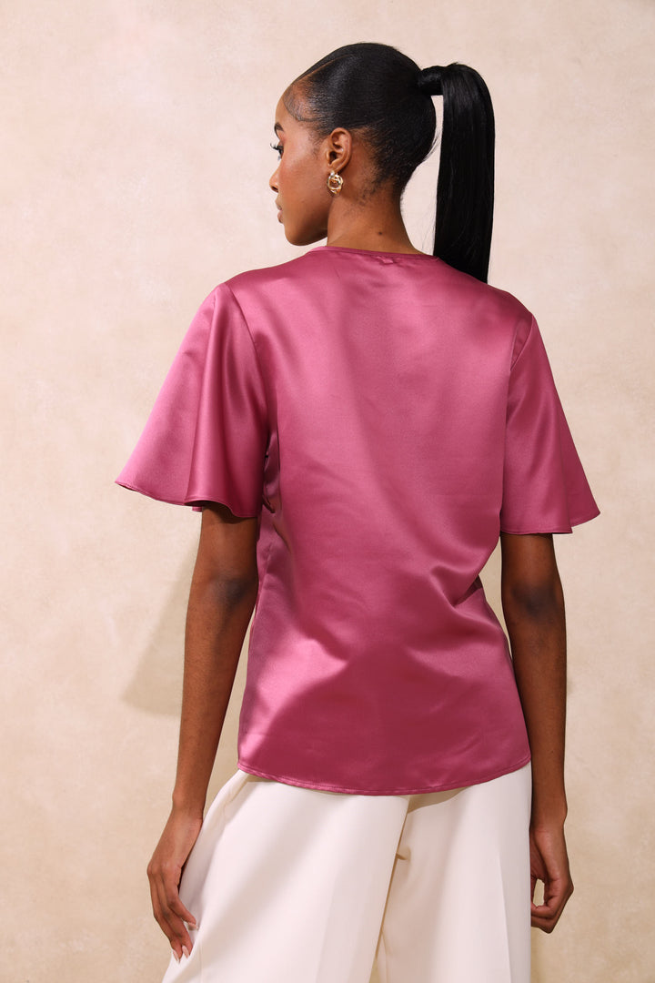 V-Neck Satin Blouse - Pink
