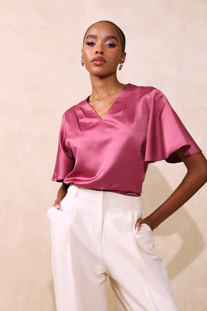 V-Neck Satin Blouse - Pink