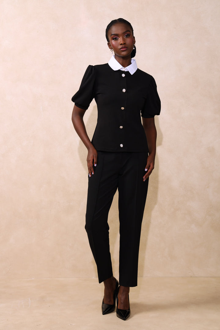 Preppy Puff Sleeve Blouse - Black/White