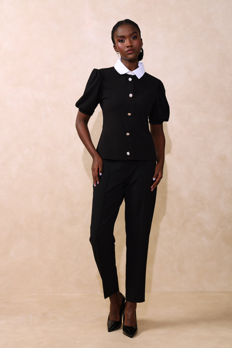 Preppy Puff Sleeve Blouse - Black/White