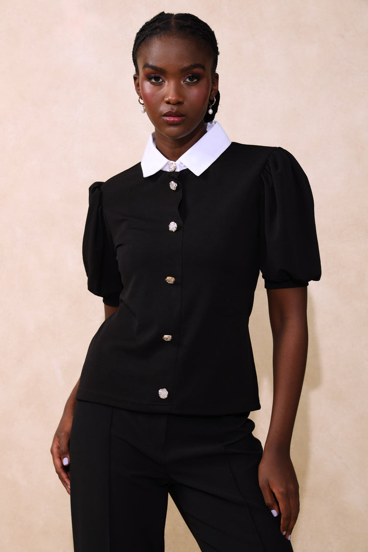 Preppy Puff Sleeve Blouse - Black/White