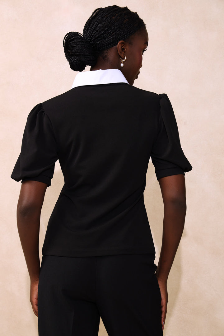 Preppy Puff Sleeve Blouse - Black/White