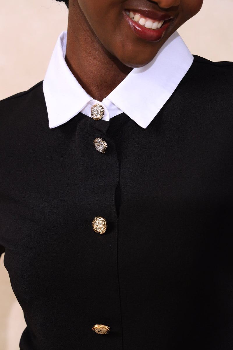 Preppy Puff Sleeve Blouse - Black/White