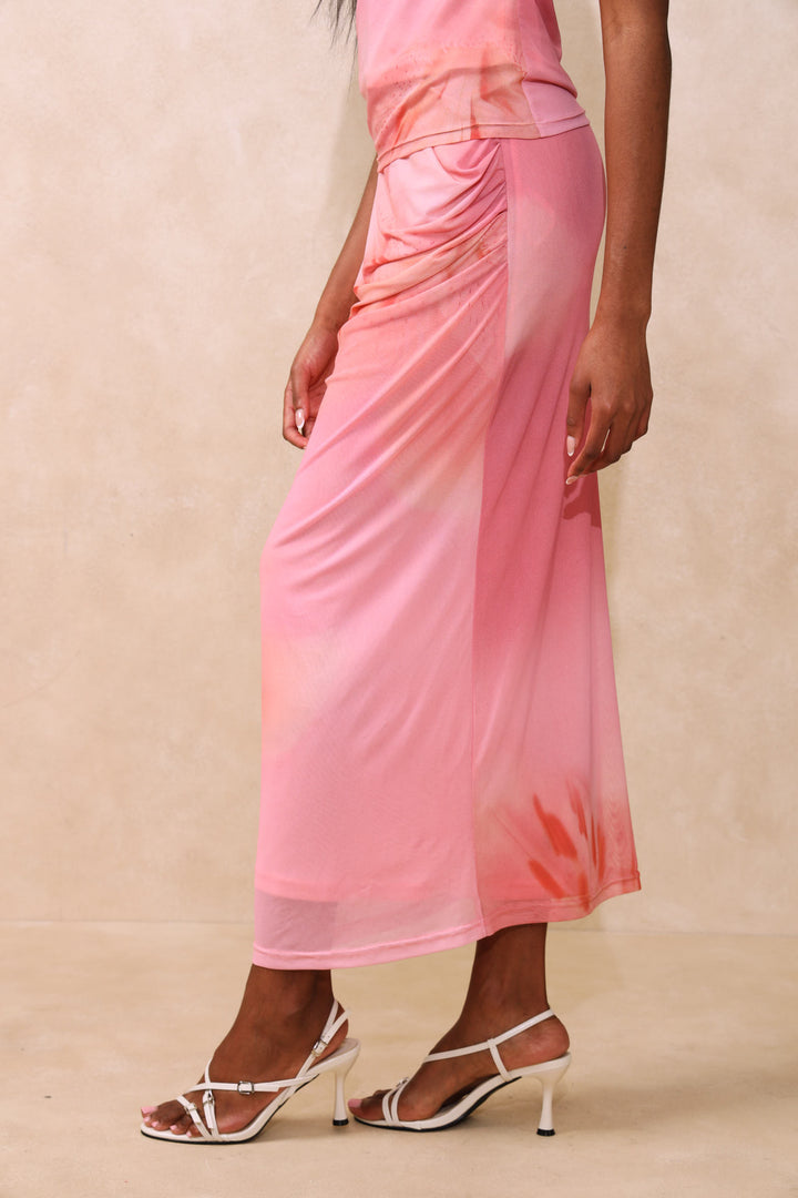 Printed Mesh A-Line Skirt - Pink