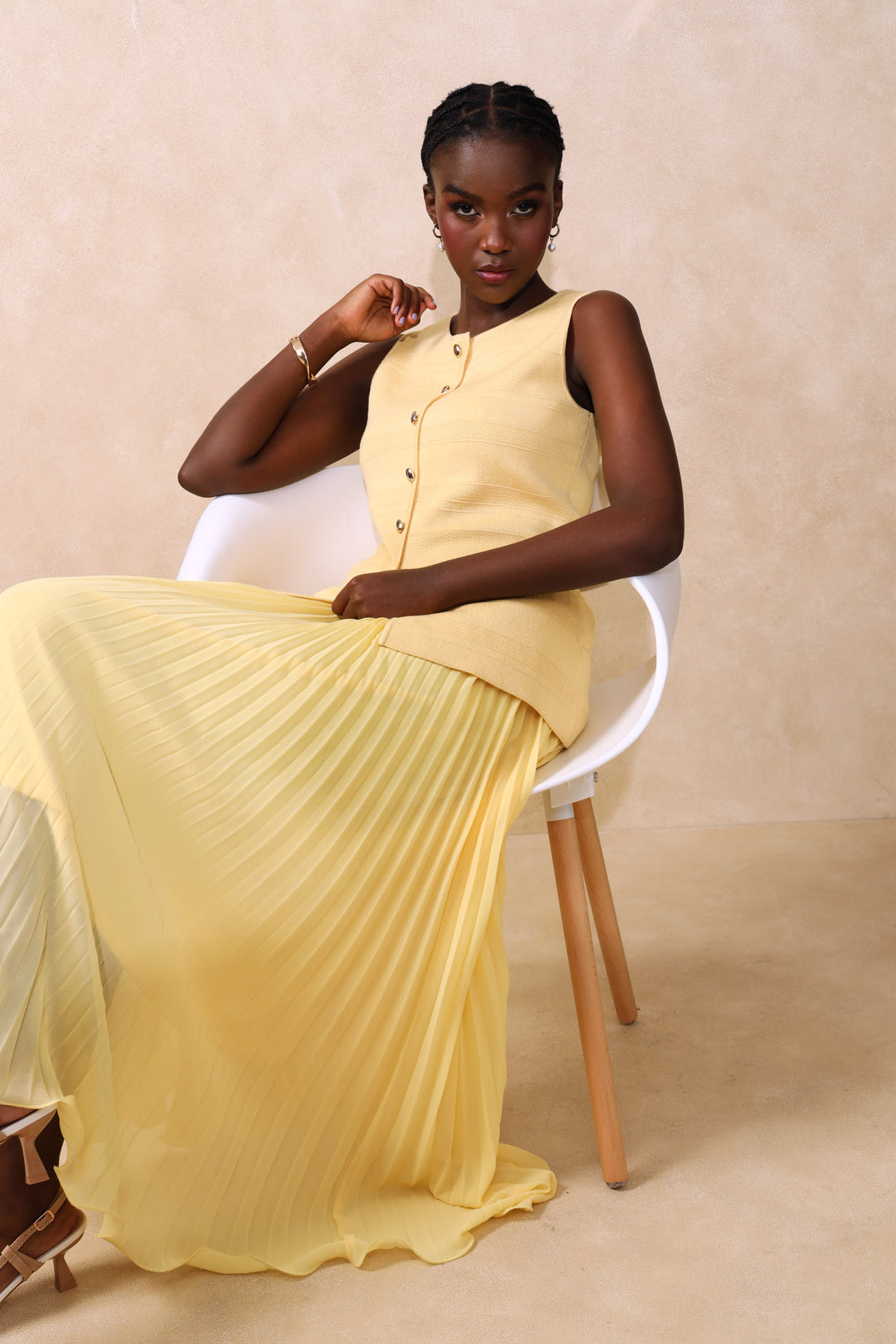 Flared Hem Pleated Maxi Skirt - Butter Yellow
