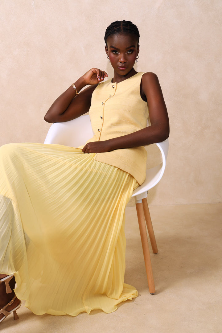 Flared Hem Pleated Maxi Skirt - Butter Yellow