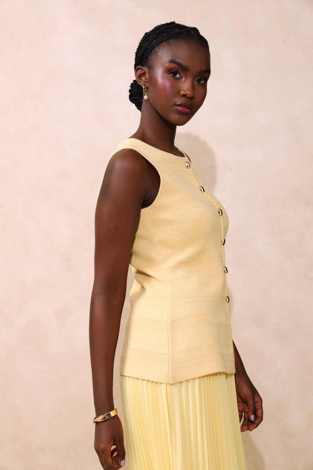 Textured Panelled Knitwear Waistcoat - Butter Yellow