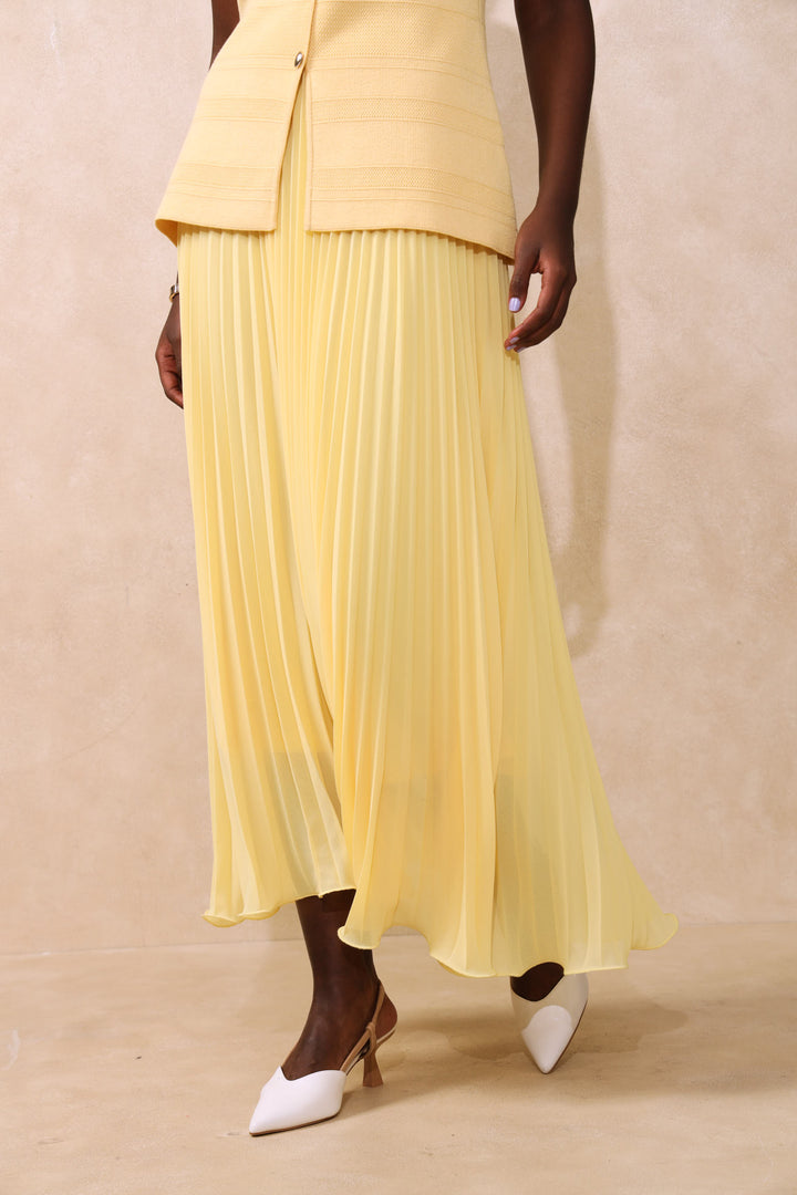 Flared Hem Pleated Maxi Skirt - Butter Yellow