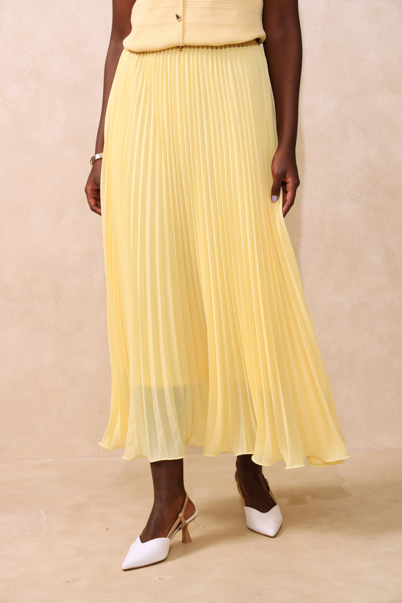 Flared Hem Pleated Maxi Skirt - Butter Yellow