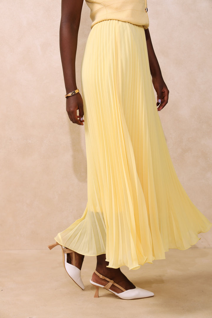 Flared Hem Pleated Maxi Skirt - Butter Yellow