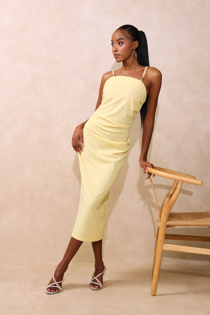 Strappy Side Ruched Midi Dress - Butter Yellow