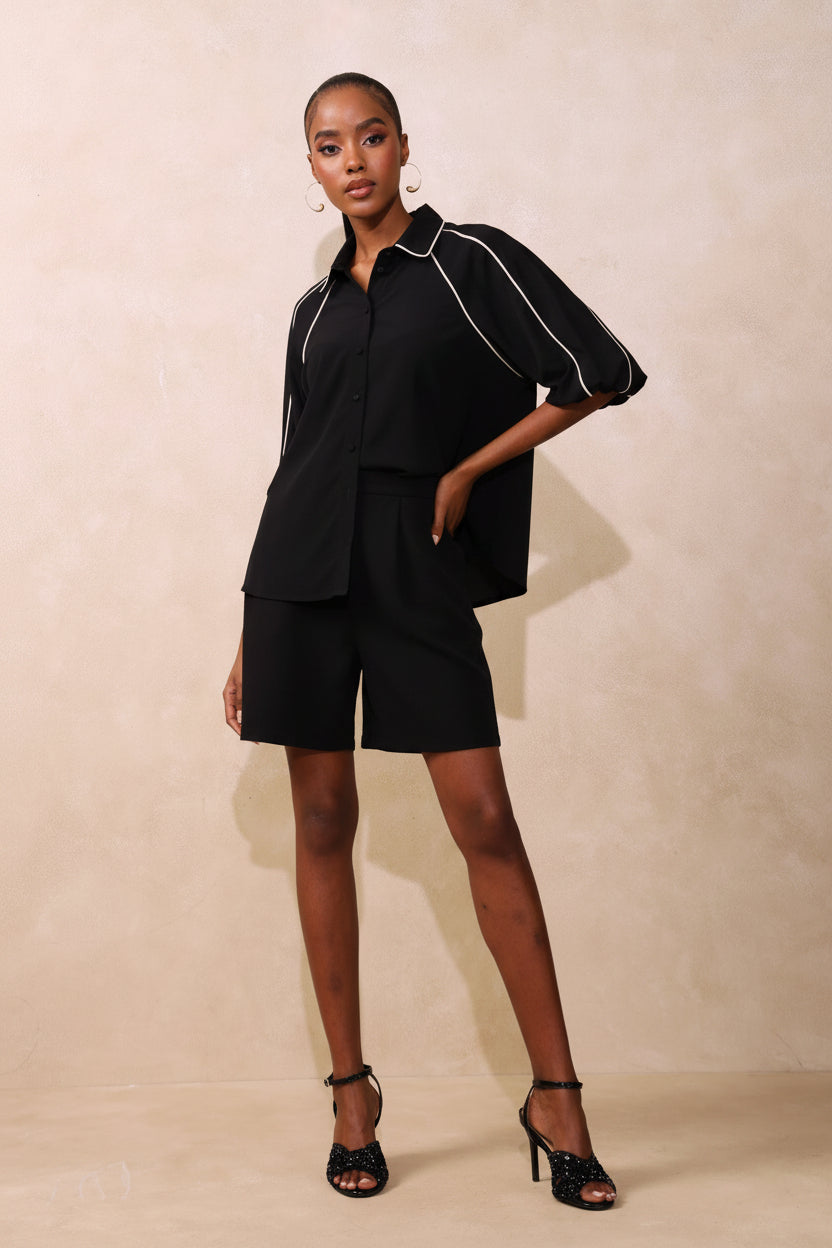 Panelled Puff Sleeve Blouse - Black/White