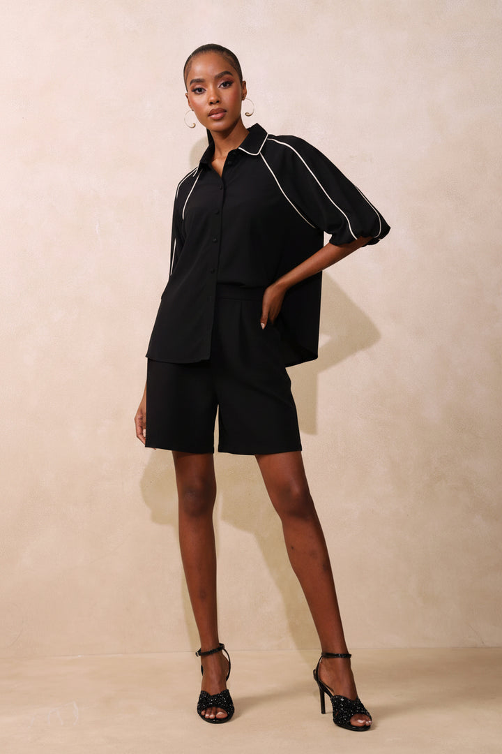 Panelled Puff Sleeve Blouse - Black/White