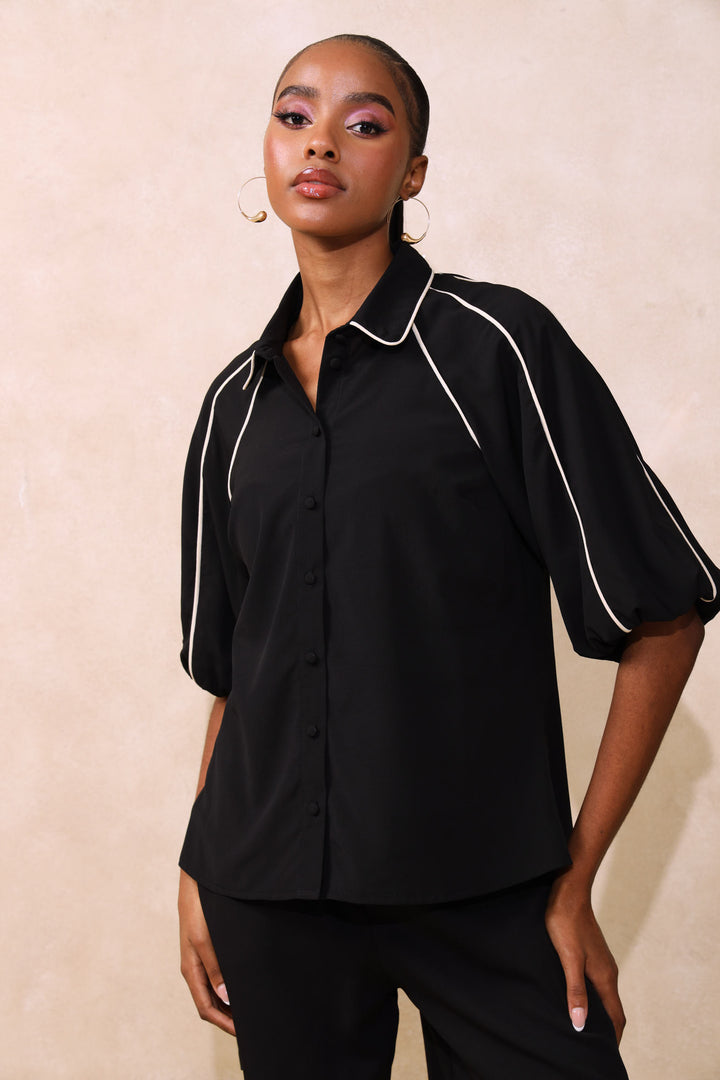 Panelled Puff Sleeve Blouse - Black/White